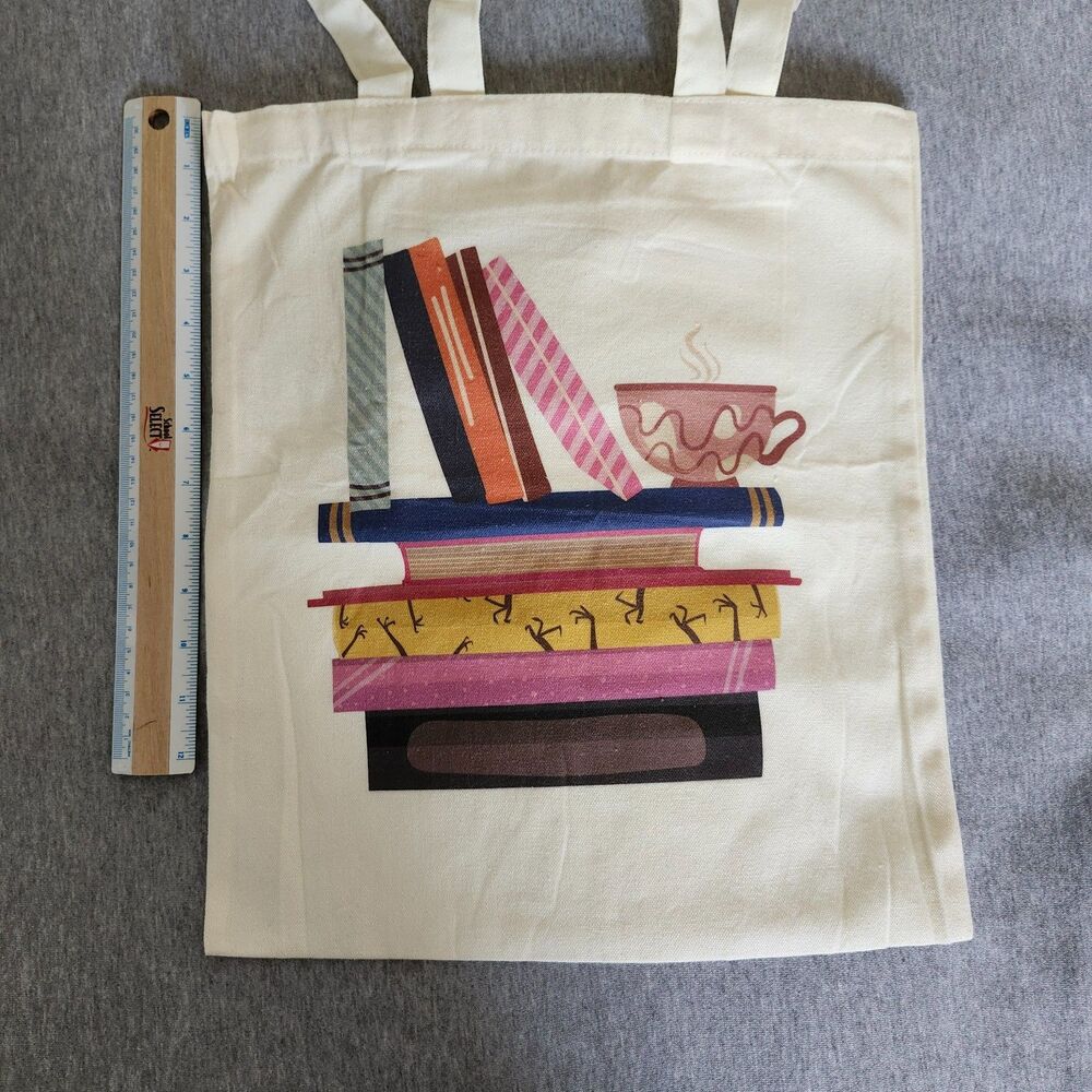 Canvas Tote Bag Book and Coffee Print with Zipper Pocket - Picture 7 of 9